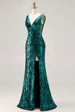 Sparkly Peacock Green Mermaid Open Back Sequin Long Prom Dress with Slit