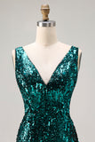 Sparkly Peacock Green Mermaid Open Back Sequin Long Prom Dress with Slit