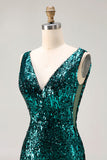 Sparkly Peacock Green Mermaid Open Back Sequin Long Prom Dress with Slit
