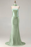 Sage Green Beaded Mermaid Strapless Satin Long Ball Dress with Cape