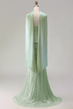 Sage Green Beaded Mermaid Strapless Satin Long Ball Dress with Cape