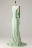 Sage Green Beaded Mermaid Strapless Satin Long Ball Dress with Cape