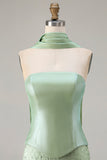 Sage Green Beaded Mermaid Strapless Satin Long Ball Dress with Cape