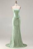 Sage Green Beaded Mermaid Strapless Satin Long Ball Dress with Cape