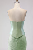 Sage Green Beaded Mermaid Strapless Satin Long Ball Dress with Cape