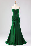 Strapless Mermaid Dark Green Ruched Satin Long Ball Dress with Lace Up Back