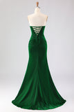 Strapless Mermaid Dark Green Ruched Satin Long Ball Dress with Lace Up Back
