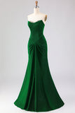 Strapless Mermaid Dark Green Ruched Satin Long Ball Dress with Lace Up Back