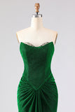 Strapless Mermaid Dark Green Ruched Satin Long Ball Dress with Lace Up Back
