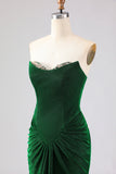 Strapless Mermaid Dark Green Ruched Satin Long Ball Dress with Lace Up Back