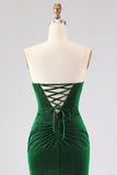 Strapless Mermaid Dark Green Ruched Satin Long Ball Dress with Lace Up Back