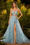 Blue Floral A-Line Beaded Convertible Lace Up Back Long Ball Dress with Slit