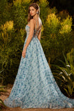 Blue Floral A-Line Beaded Convertible Lace Up Back Long Ball Dress with Slit