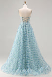 Strapless Blue Floral A-Line Beaded Convertible Long Ball Dress with Slit