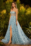 Blue Floral A-Line Beaded Convertible Lace Up Back Long Ball Dress with Slit