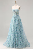 Strapless Blue Floral A-Line Beaded Convertible Long Ball Dress with Slit