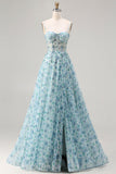 Strapless Blue Floral A-Line Beaded Convertible Long Ball Dress with Slit