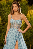 Blue Floral A-Line Beaded Convertible Lace Up Back Long Ball Dress with Slit