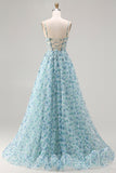 Strapless Blue Floral A-Line Beaded Convertible Long Ball Dress with Slit