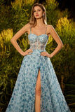 Blue Floral A-Line Beaded Convertible Lace Up Back Long Ball Dress with Slit