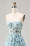 Strapless Blue Floral A-Line Beaded Convertible Long Ball Dress with Slit