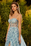 Blue Floral A-Line Beaded Convertible Lace Up Back Long Ball Dress with Slit