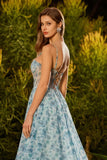 Blue Floral A-Line Beaded Convertible Lace Up Back Long Ball Dress with Slit