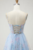 Blue Floral Corset A Line Spaghetti Straps Long Prom Dress with Slit