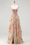 Ivory A Line Sheer Boned Corset Embroidered Long Floral Dress with Ruffled Slit