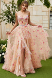 Champagne Flower A Line Ruffled Corset Long Ball Dress with Slit