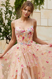 Champagne Flower A Line Ruffled Corset Long Ball Dress with Slit
