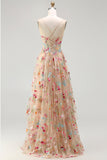 Ivory A Line Sheer Boned Corset Embroidered Long Floral Dress with Ruffled Slit