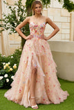Champagne Flower A Line Ruffled Corset Long Ball Dress with Slit