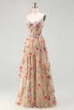 Ivory A Line Sheer Boned Corset Embroidered Long Floral Dress with Ruffled Slit