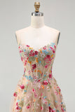Ivory A Line Sheer Boned Corset Embroidered Long Floral Dress with Ruffled Slit