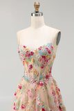 Ivory A Line Sheer Boned Corset Embroidered Long Floral Dress with Ruffled Slit