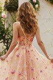 Champagne Flower A Line Ruffled Corset Long Ball Dress with Slit