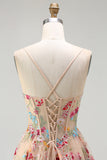 Ivory A Line Sheer Boned Corset Embroidered Long Floral Dress with Ruffled Slit