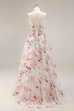 Ivory A Line Sheer Boned Corset Embroidered Long Floral Dress with Ruffled Slit