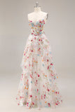 Ivory A Line Sheer Boned Corset Embroidered Long Floral Dress with Ruffled Slit