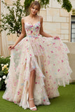 Champagne Flower A Line Ruffled Corset Long Ball Dress with Slit