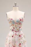 Ivory A Line Sheer Boned Corset Embroidered Long Floral Dress with Ruffled Slit