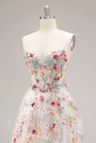 Ivory A Line Sheer Boned Corset Embroidered Long Floral Dress with Ruffled Slit