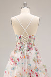 Ivory A Line Sheer Boned Corset Embroidered Long Floral Dress with Ruffled Slit