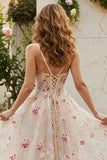 Champagne Flower A Line Ruffled Corset Long Ball Dress with Slit