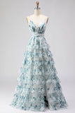 Blue A Line Tiered Ruffle Print Floral Long Ball Dress with Slit