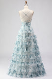 Blue A Line Tiered Ruffle Print Floral Long Ball Dress with Slit