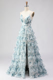 Blue A Line Tiered Ruffle Print Floral Long Ball Dress with Slit