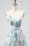 Blue A Line Tiered Ruffle Print Floral Long Ball Dress with Slit