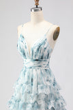 Blue A Line Tiered Ruffle Print Floral Long Ball Dress with Slit